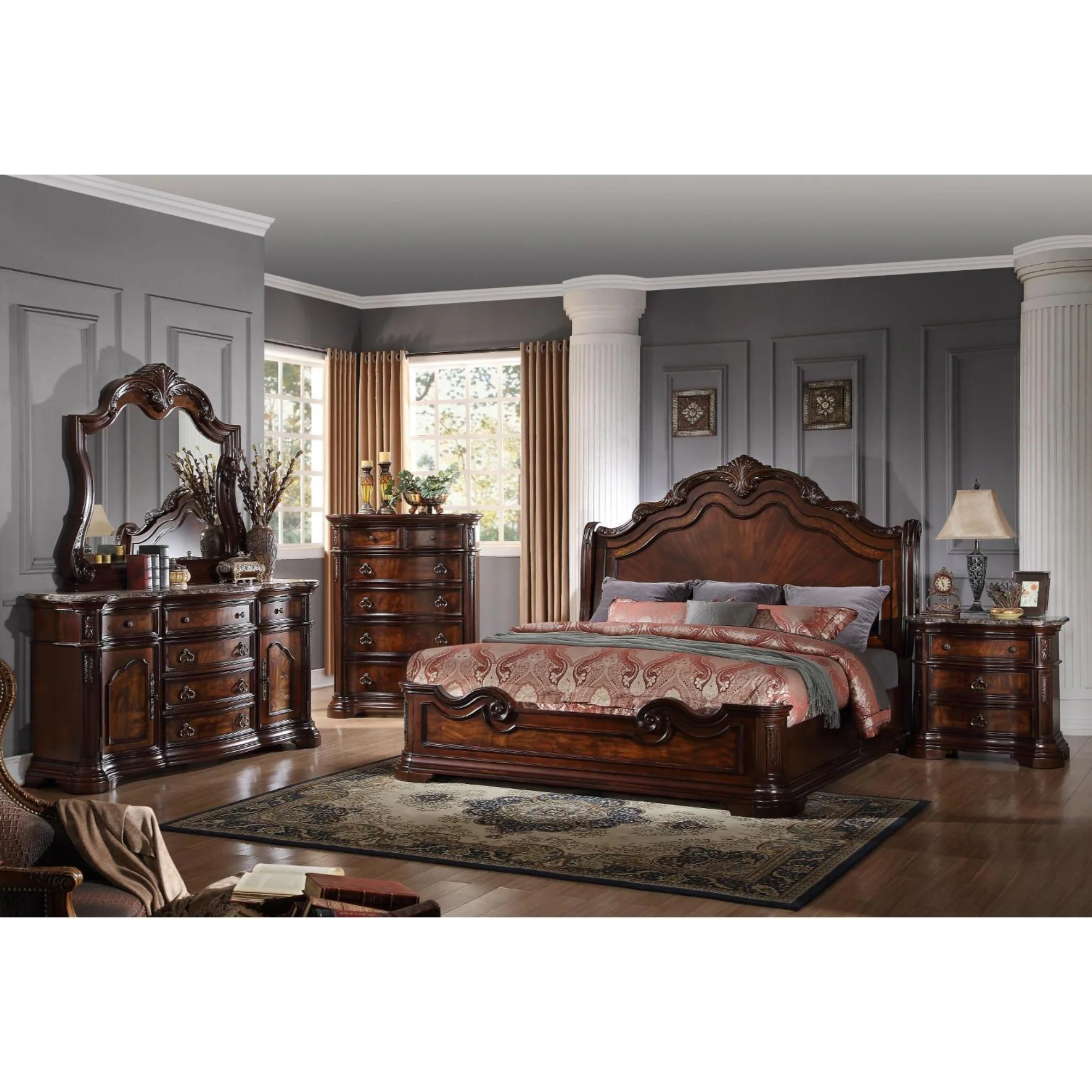 Bombay 6Pcs Bedroom Set In Cherry Brown